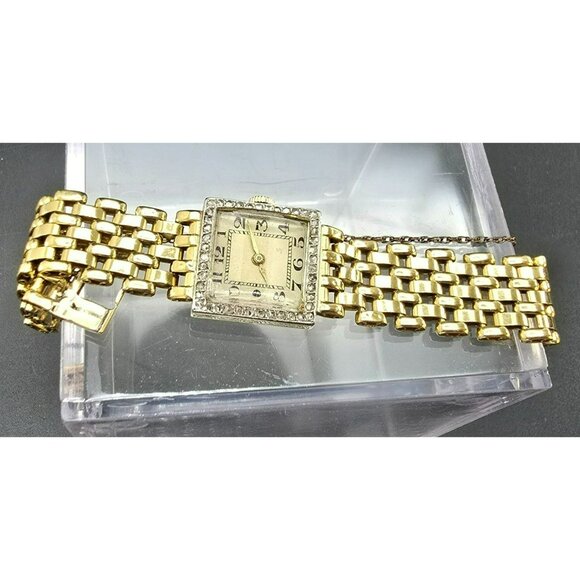 Vintage 18k Gold Womens Square Diamond Watch with Safety Chain HS173 - Picture 13 of 15